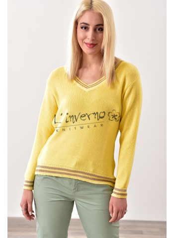 Κωδ.1972 Κίτρινη-Ανοιξιάτικη βαμβακερή Μπλούζα Ve με lurex ρίγες. ΜΠΛΟΥΖΕΣ Linverno Knitwear