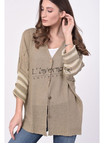 Γυναικεια πλεκτη ζακετα με 3/4 μανικια ρεβερ νυχτεριδα με χρυση ριγε λεπτομερεια ΠΡΟΪΟΝΤΑ LINVERNO KNITWEAR  Linverno Knitwear