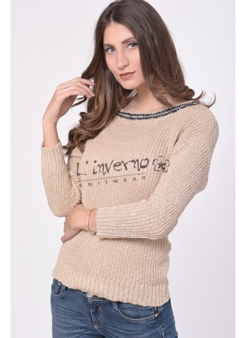 Γυναικεια πλεκτη μπλουζα καλαμποκι λαιμοκοψη με ριγες στην τρεσσα και 3/4 μανικια ΜΠΛΟΥΖΕΣ Linverno Knitwear