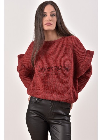 Κωδ.2186Κόκκινο-Πλεκτή Μπλούζα Γυναικεία Χειμερινή, λαιμόκοψη με βολάν στα μανίκια, σε πλέξη καλαμπόκι. ΜΠΛΟΥΖΕΣ Linverno Knitwear