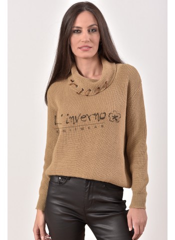 Κωδ.2171Κάμελ-Πουλόβερ/Πλεκτή Μπλούζα Γυναικεία ζιβάγκο με τρούκς και σουέτ κορδόνι. ΜΠΛΟΥΖΕΣ Linverno Knitwear