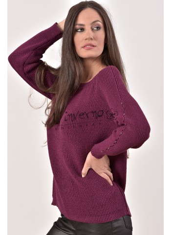 Κωδ.2181Μώβ-Πλεκτή Χειμερινή Μπλούζα Γυναικεία λαιμόκοψη, με reglan μανίκια με τρυπητό σχέδιο και τρούκ. ΜΠΛΟΥΖΕΣ Linverno Knitwear