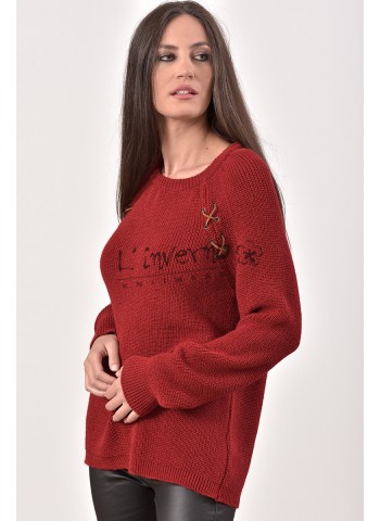 Κωδ.2182 Κόκκινο-Πλεκτή Μπλούζα Γυναικεία λαιμόκοψη, με reglan μανίκια και τρούκ με σουέτ κορδόνι. ΜΠΛΟΥΖΕΣ Linverno Knitwear