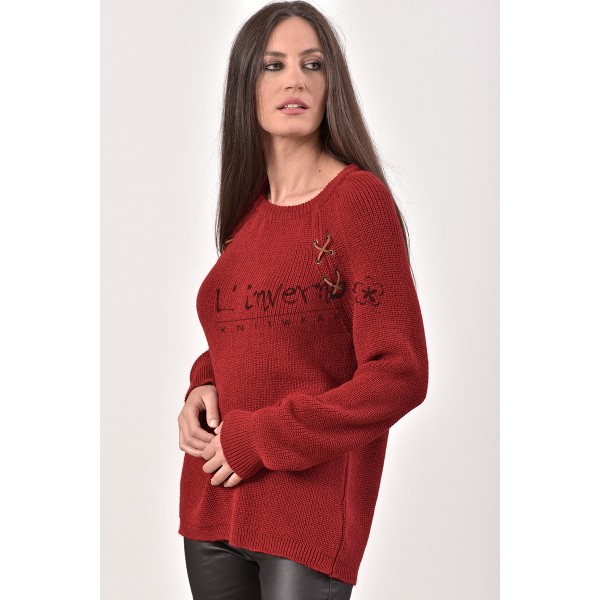 Κωδ.2182 Κόκκινο-Πλεκτή Μπλούζα Γυναικεία λαιμόκοψη, με reglan μανίκια και τρούκ με σουέτ κορδόνι. ΜΠΛΟΥΖΕΣ Linverno Knitwear