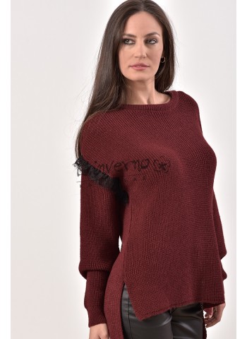 Κωδ.2174-Γυναικεία Χειμωνιάτικη Πλεκτή Μπλούζα λαιμόκοψη, ασύμμετρη με δαντέλα στα μανίκια, πλέξη καλαμπόκι και πλαϊνά ανοίγματα. ΜΠΛΟΥΖΕΣ Linverno Knitwear
