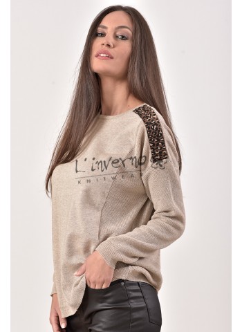 Κωδ.2189-Μπλούζα Πλεκτή λεπτή Γυναικεία λαιμόκοψη με τρέσσα λεοπάρ στον ώμο. ΜΠΛΟΥΖΕΣ Linverno Knitwear