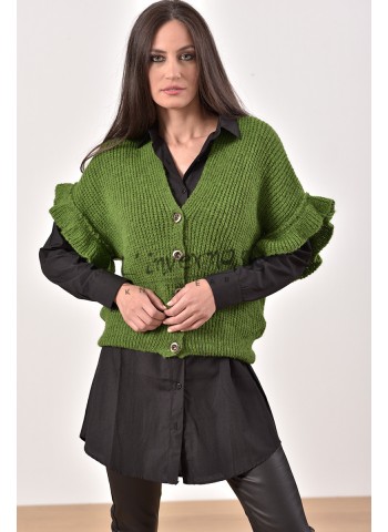Κωδ.2188Πράσινο-Πλεκτό Γιλέκο Γυναικείο χειμερινό, με βολάν στα μανίκια/Ζακέτα κοντομάνικη. ΜΠΛΟΥΖΕΣ Linverno Knitwear