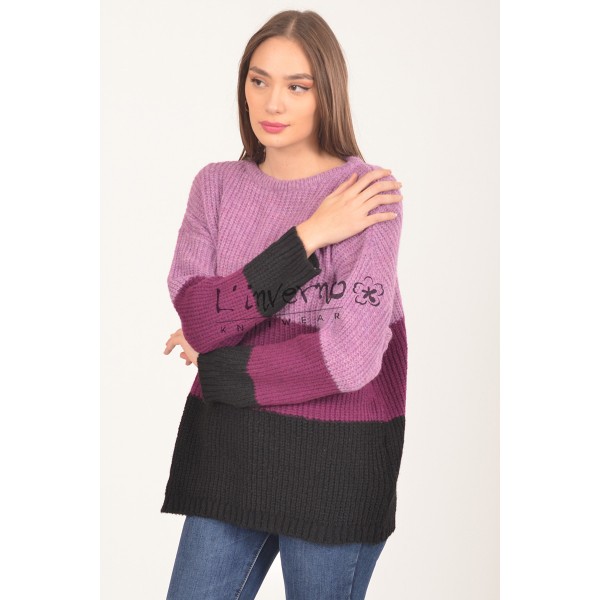 Κωδ.223216 Μώβ-Πουλόβερ/Πλεκτή μπλούζα λαιμόκοψη, τρίχρωμη ριγέ (λΙλά μώβ μαύρο), πλέξη καλαμπόκι. ΜΠΛΟΥΖΕΣ Linverno Knitwear