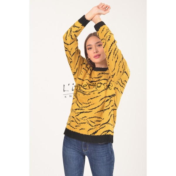 Κωδ.221616 κίτρινο-Γυναικείο Πουλόβερ/Πλεκτή μπλούζα ζακάρ, ζέβρα λαιμόκοψη. ΜΠΛΟΥΖΕΣ Linverno Knitwear