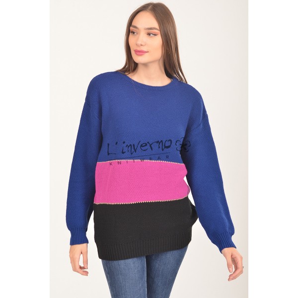 Πλεκτή τρίχρωμη Γυναικεία Χειμερινή Μπλούζα ριγέ λαιμόκοψη με lurex λεπτομέρεια-Κωδ.223316 μπλέ ΜΠΛΟΥΖΕΣ Linverno Knitwear