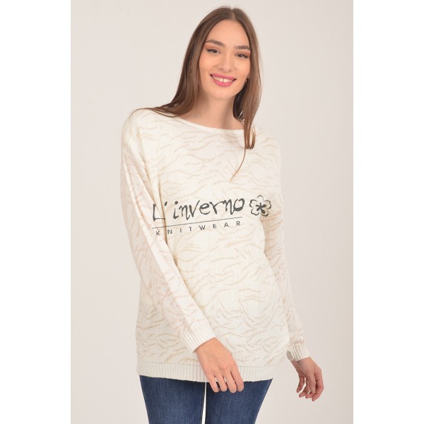 Κωδ.223917 εκρού-Γυναικεία Πλεκτή μπλούζα, λεπτή ζακάρ, ζέβρα σε λαιμόκοψη, με lurex. ΜΠΛΟΥΖΕΣ Linverno Knitwear