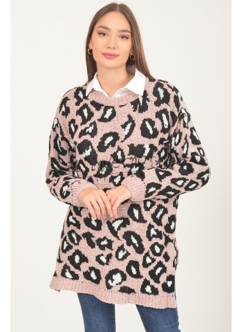 Κωδ.221917ρόζ-Γυναικείο Πουλόβερ/Μπλουζοφόρεμα/Μακριά Πλεκτή ζακάρ μπλούζα λεοπάρ, λαιμόκοψη, με πλαϊνά ανοίγματα. ΜΠΛΟΥΖΕΣ Linverno Knitwear