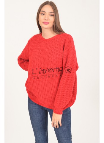 Κωδ.223617 Κόκκινο-Πουλόβερ/Μπλούζα Πλεκτή Γυναικεία λαιμόκοψη σε ανάγλυφη πλέξη. ΜΠΛΟΥΖΕΣ Linverno Knitwear