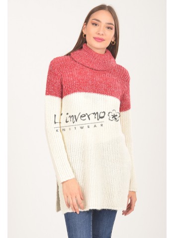Κωδ.2160 κόκκινο εκρού-Γυναικείο Πουλόβερ/Μπλουζοφόρεμα ζιβάγκο καλαμπόκι ριγέ δίχρωμο, μακρύ με πλαϊνά ανοίγματα. ΜΠΛΟΥΖΕΣ Linverno Knitwear