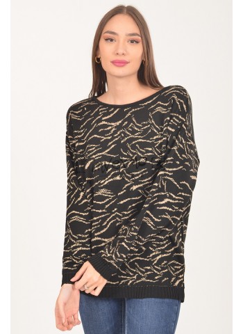 Κωδ.223917 μαύρο-Γυναικεία Πλεκτή μπλούζα, λεπτή ζακάρ, ζέβρα σε λαιμόκοψη, με lurex. ΜΠΛΟΥΖΕΣ Linverno Knitwear