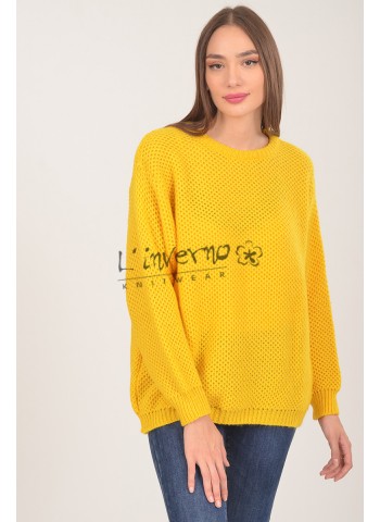 Κωδ.223617 Κίτρινο-Πουλόβερ/Μπλούζα Πλεκτή Γυναικεία λαιμόκοψη σε ανάγλυφη πλέξη. ΝΕΕΣ ΑΦΙΞΕΙΣ  Linverno Knitwear