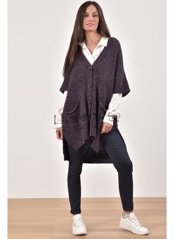 Κωδ.2177Μώβ-Γυναικείο Πλεκτό Γιλέκο/αμάνικη Ζακέτα Oversized με τσέπες και πλαϊνά ανοίγματα, πλέξη καλαμπόκι-Χρώμα μώβ.    ΠΡΟΪΟΝΤΑ LINVERNO KNITWEAR  Linverno Knitwear