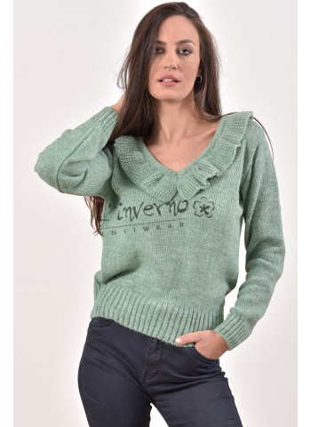 Κωδ.2183Μέντα-Πουλόβερ / Πλεκτή Γυναικεία Χειμωνιάτικη Μπλούζα με βολάν Ve. ΜΠΛΟΥΖΕΣ Linverno Knitwear