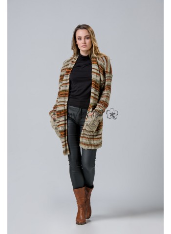 Κωδ.2029Μπέζ-Γυναικεία μακριά Πλεκτή ριγέ Ζακέτα με τσέπες. ΠΡΟΪΟΝΤΑ LINVERNO KNITWEAR  Linverno Knitwear