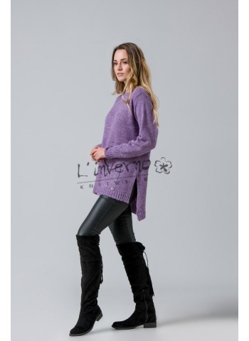 Κωδ.2034 λιλά-Ασύμμετρη πλεκτή μπλούζα / Μπλουζοφόρεμα, λαιμόκοψη, με lurex τσέπη και πλαϊνά ανοίγματα. ΜΠΛΟΥΖΕΣ Linverno Knitwear